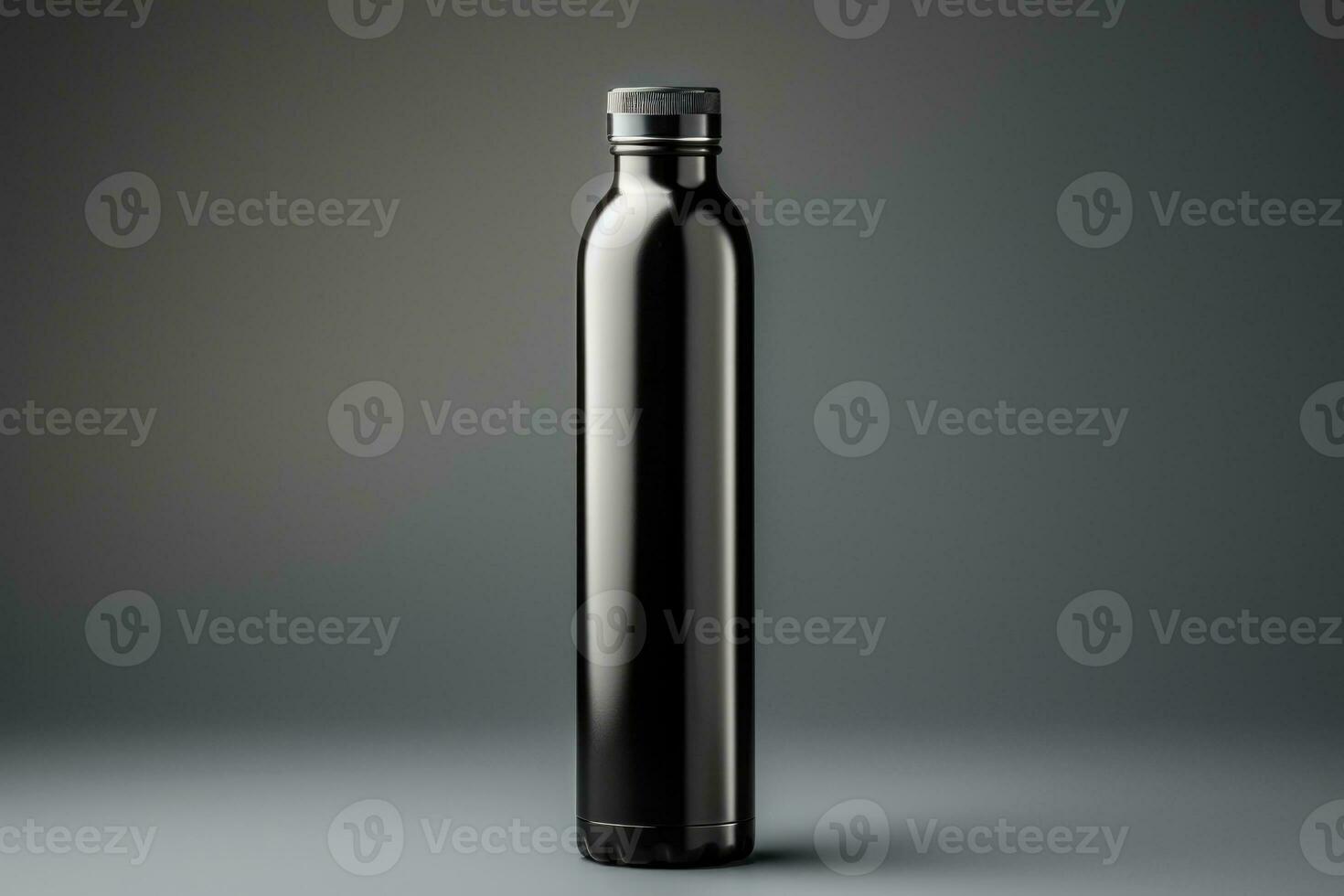 A reusable metal water bottle symbolizing sustainable travel isolated on a gray gradient background photo