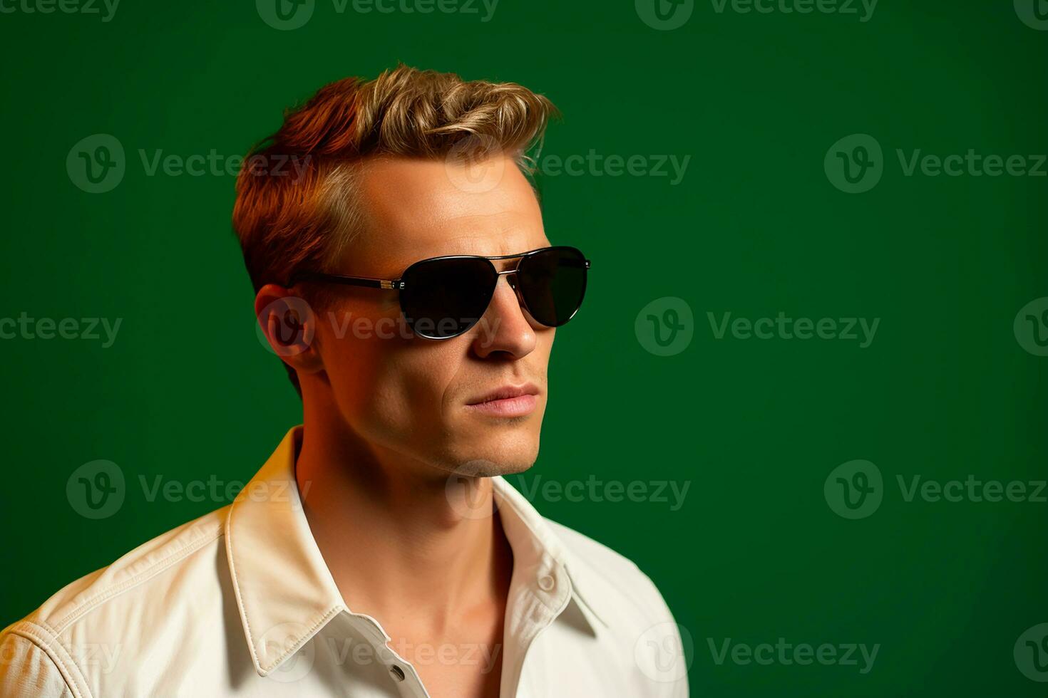 Ai generated Studio portrait of handsome blonde man in sunglasses on different colours background photo