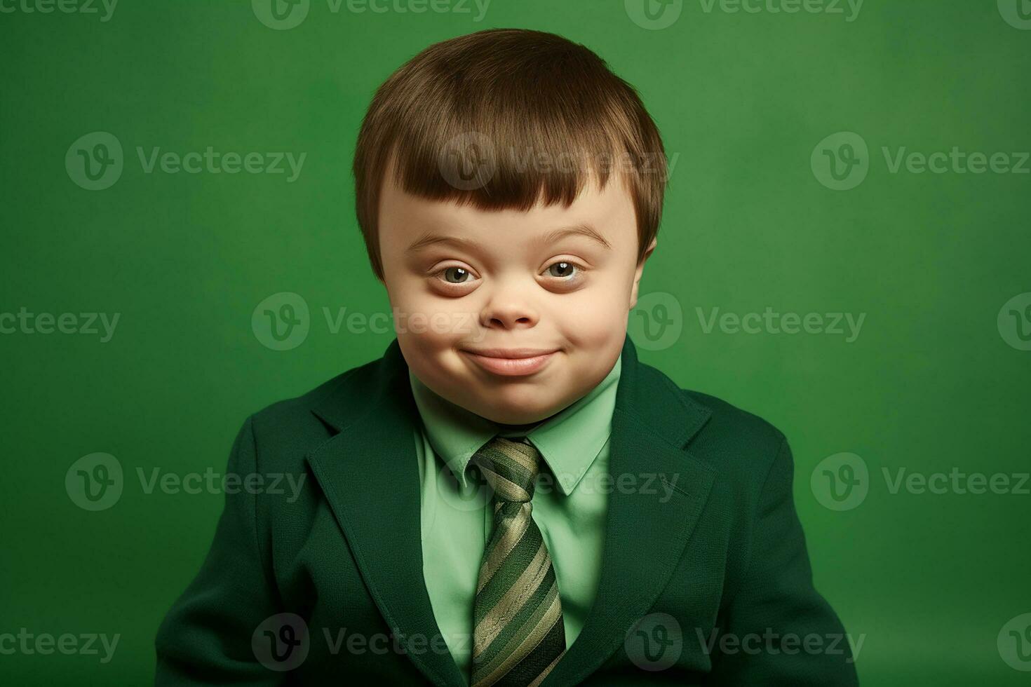 Ai generated Studio portrait of cute little boy with down syndrome on different colors background photo