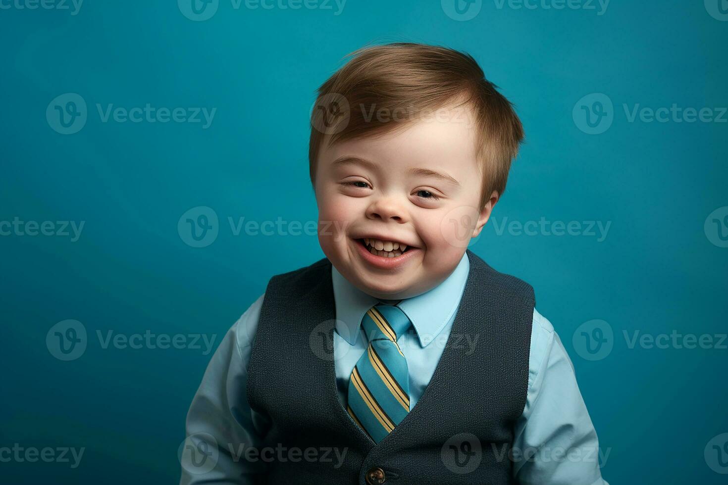 Ai generated Studio portrait of cute little boy with down syndrome on different colors background photo