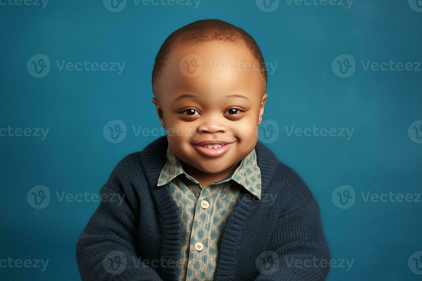 Ai generated Studio portrait of cute little boy with down syndrome on different colors background photo