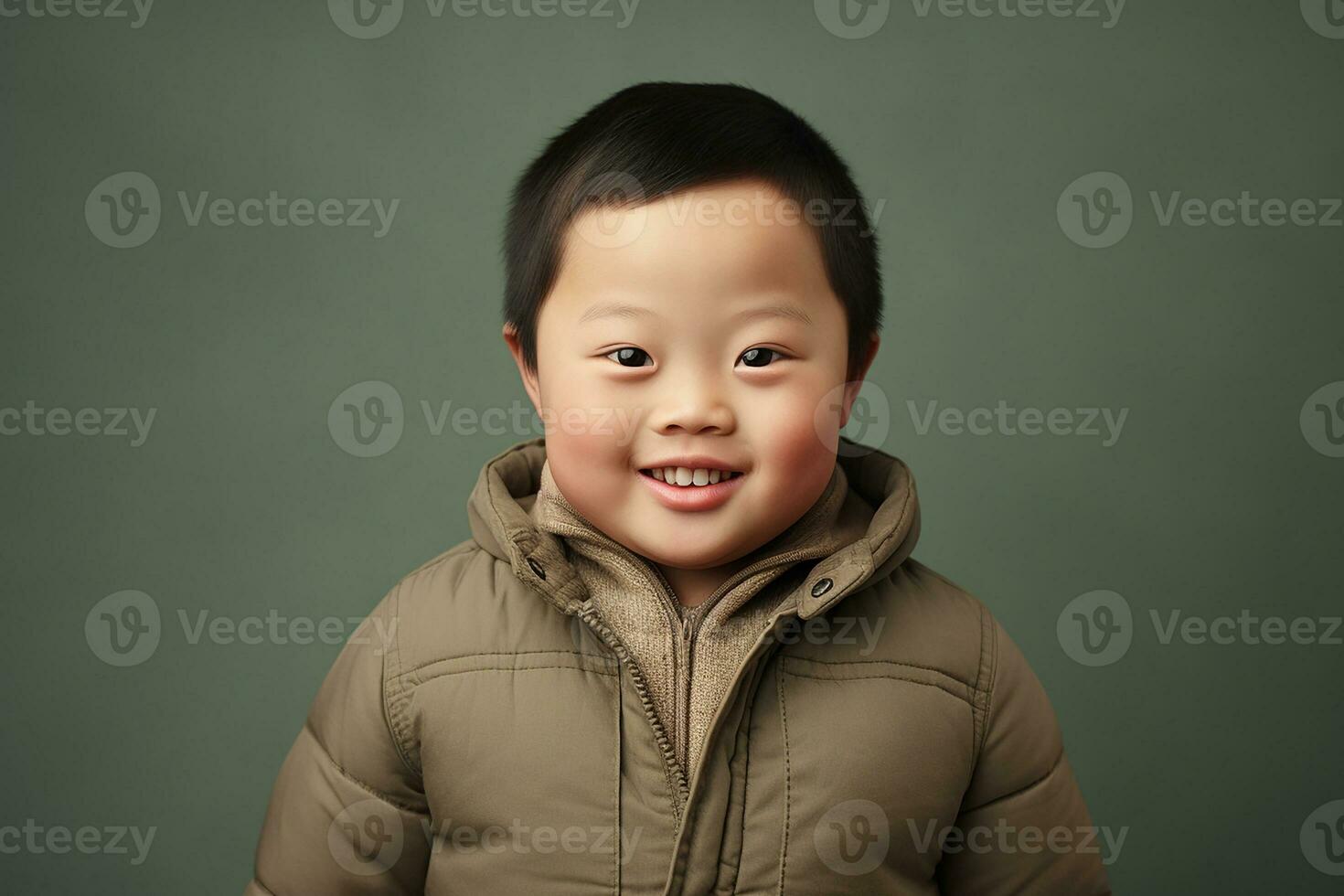 Ai generated Studio portrait of cute little boy with down syndrome on different colors background photo