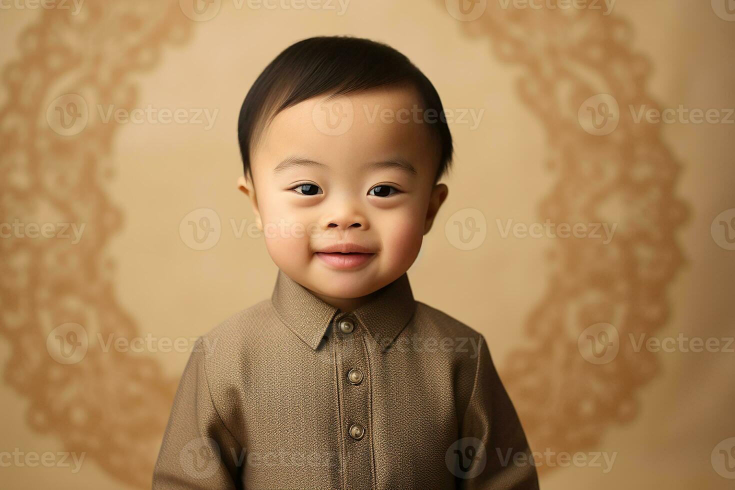 ai generado estudio retrato de linda pequeño chico con abajo síndrome en diferente colores antecedentes foto