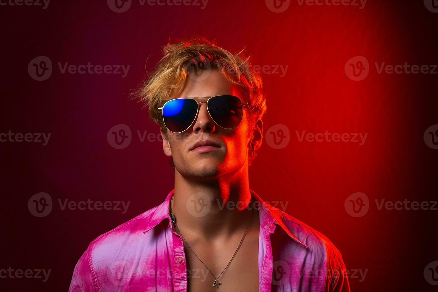 Ai generated Studio portrait of handsome blonde man in sunglasses on different colours background photo