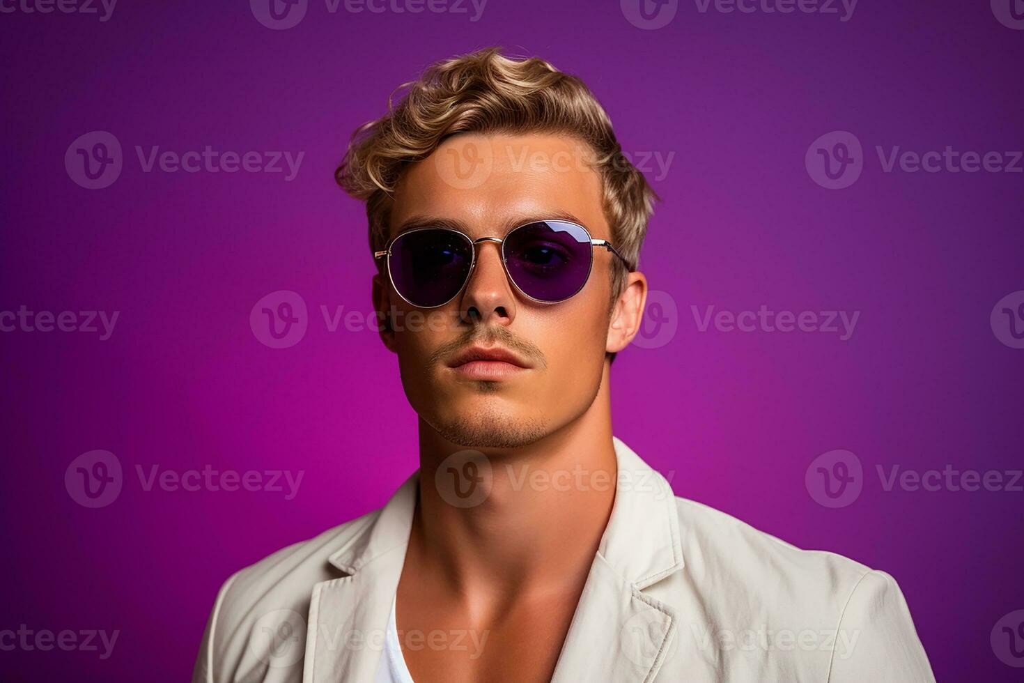 Ai generated Studio portrait of handsome blonde man in sunglasses on different colours background photo
