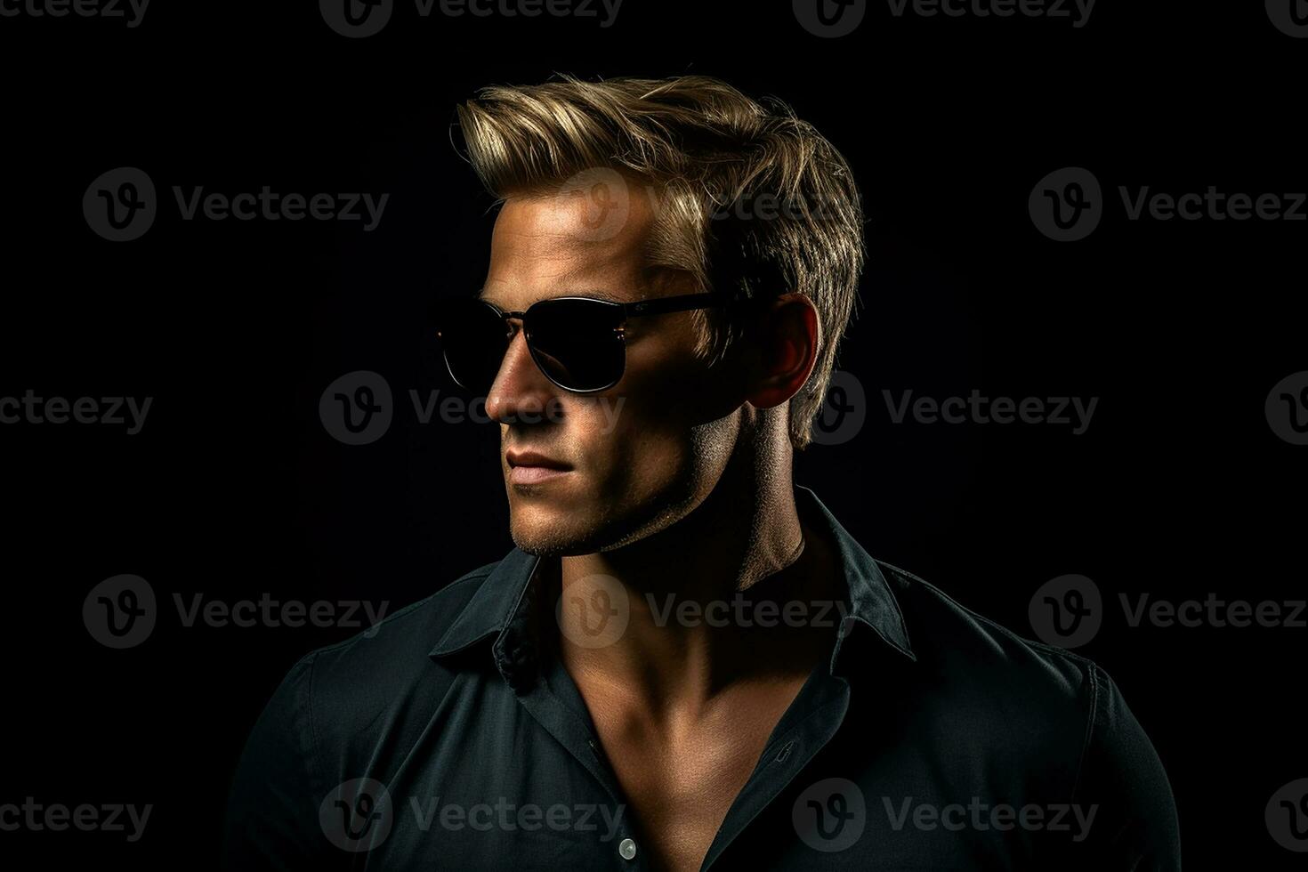 Ai generated Studio portrait of handsome blonde man in sunglasses on different colours background photo