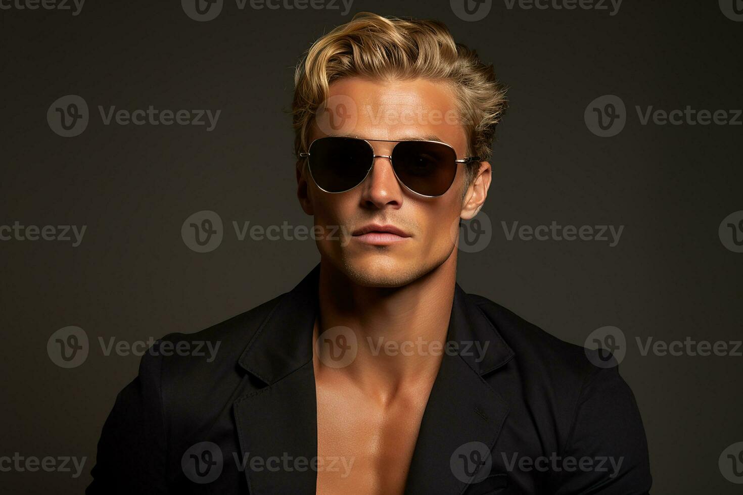 Ai generated Studio portrait of handsome blonde man in sunglasses on different colours background photo