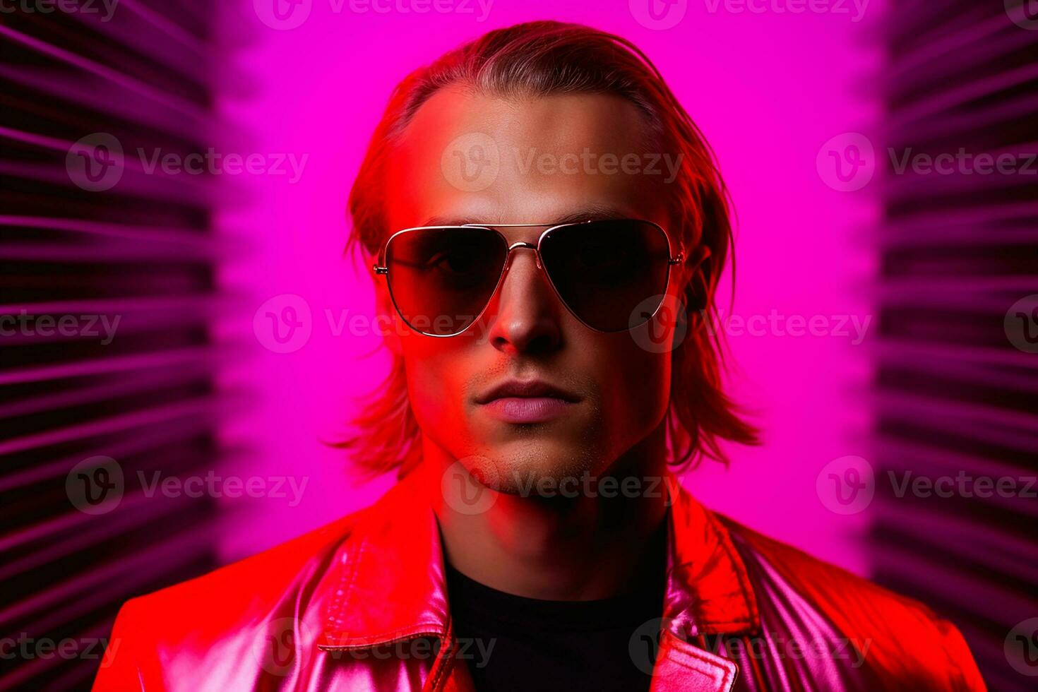 Ai generated Studio portrait of handsome blonde man in sunglasses on different colours background photo