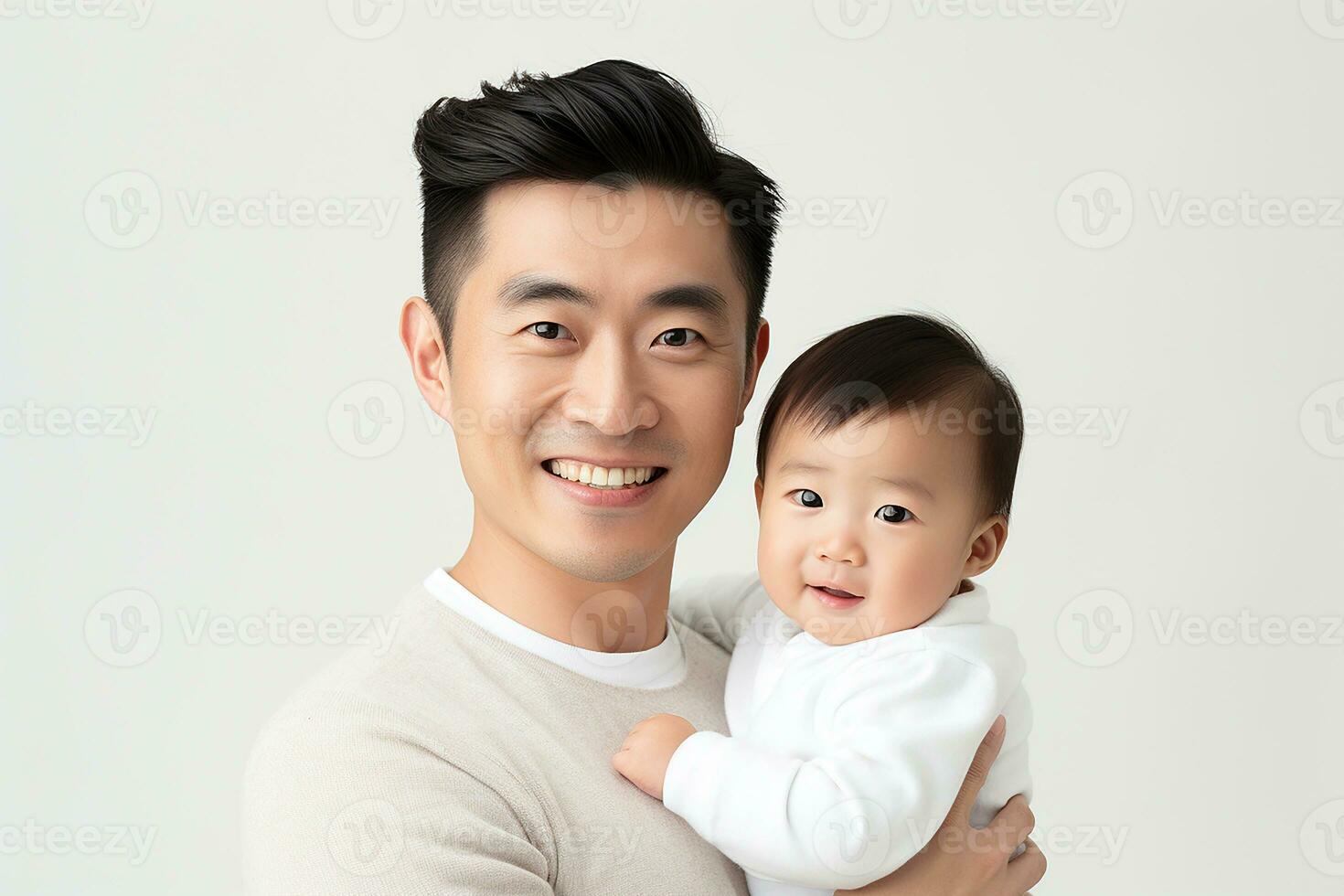 Ai generated studio portrait of handsome man holding infant baby in his hands on different colour background photo