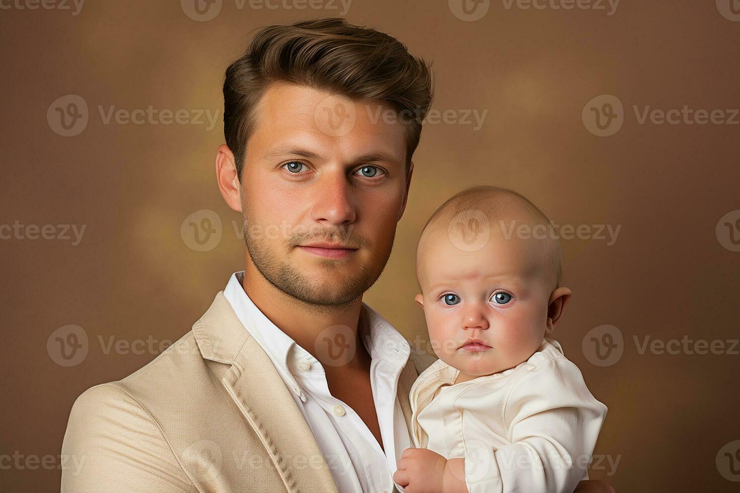 Ai generated studio portrait of handsome man holding infant baby in his hands on different colour background photo