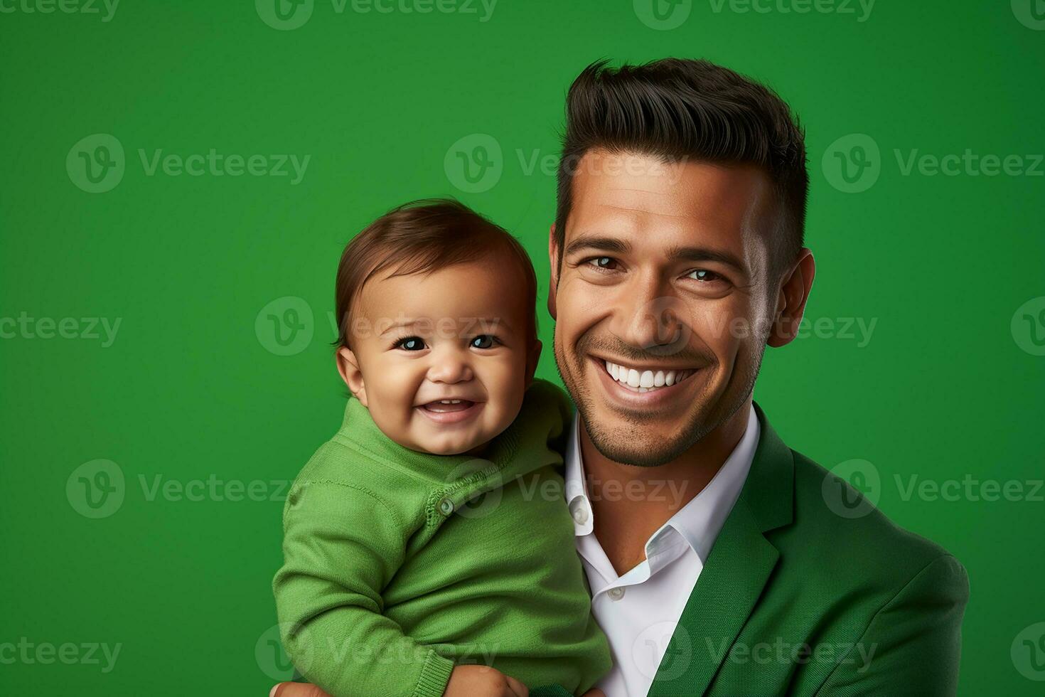 ai generado estudio retrato de hermoso hombre participación infantil bebé en su manos en diferente color antecedentes foto