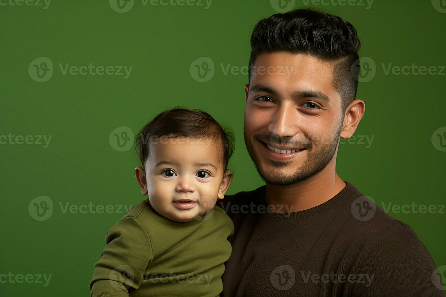 Ai generated studio portrait of handsome man holding infant baby in his hands on different colour background photo