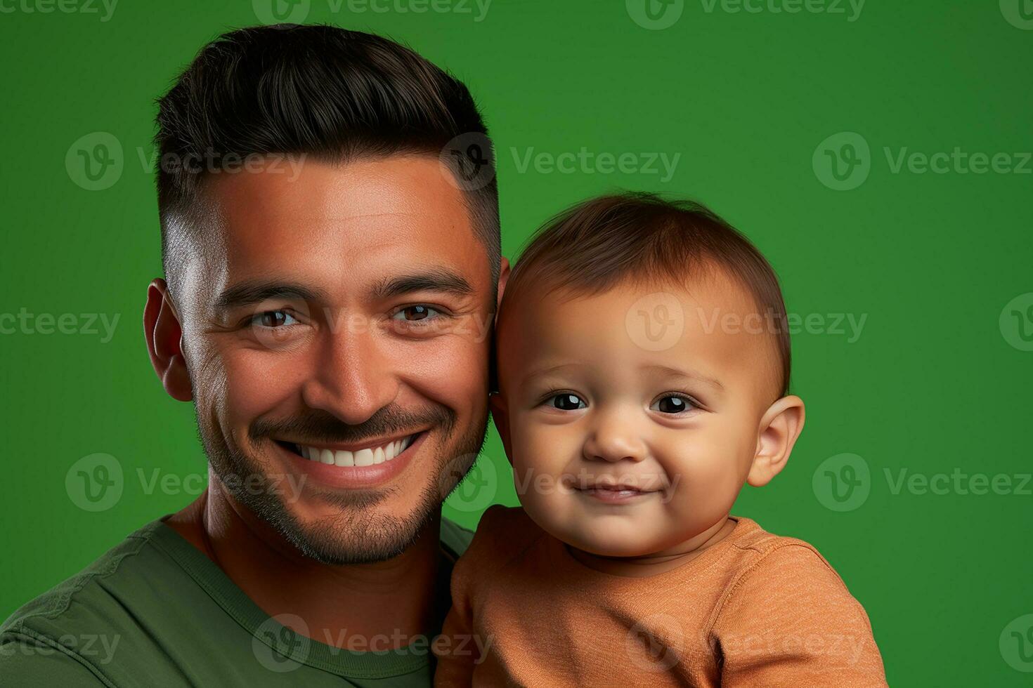 Ai generated studio portrait of handsome man holding infant baby in his hands on different colour background photo