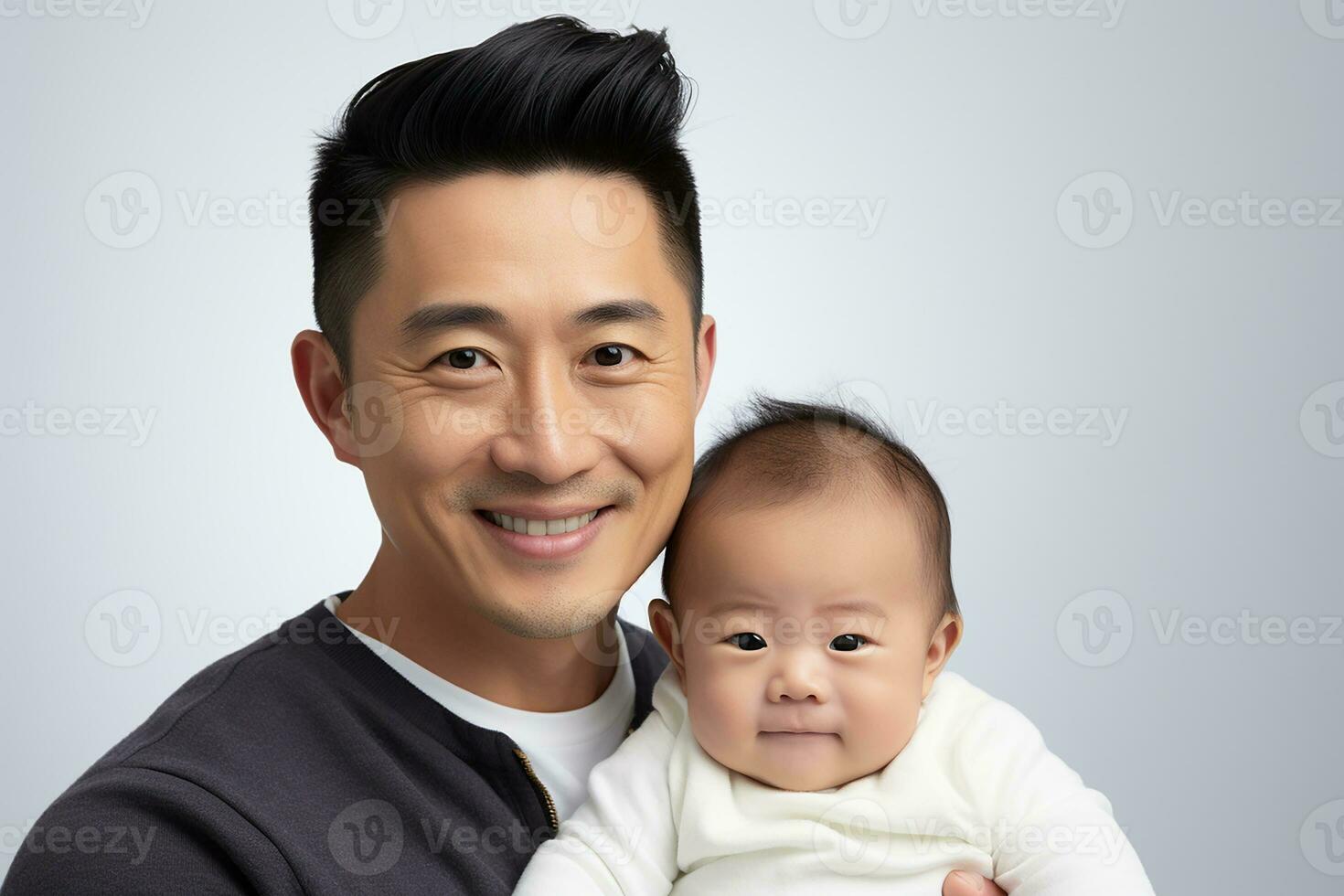 Ai generated studio portrait of handsome man holding infant baby in his hands on different colour background photo