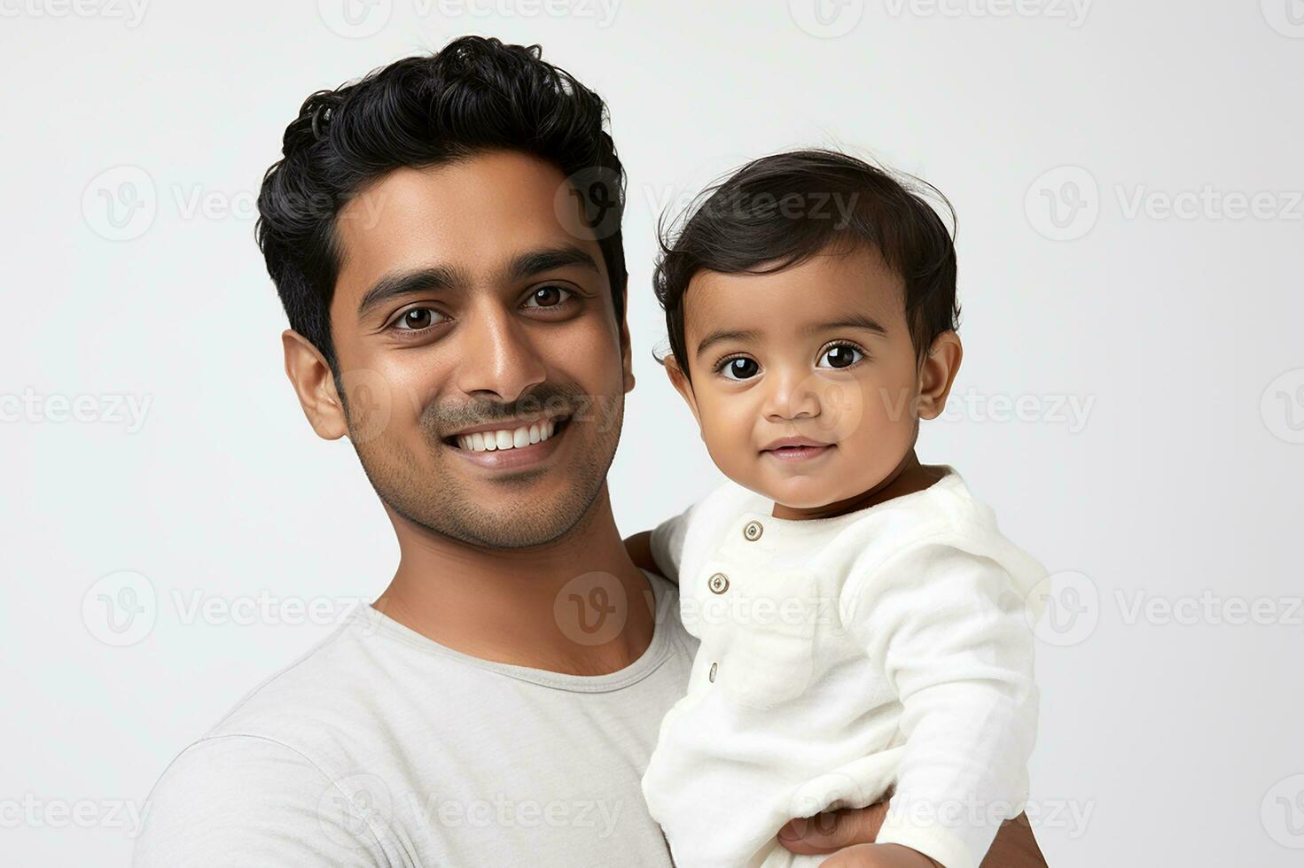 Ai generated studio portrait of handsome man holding infant baby in his hands on different colour background photo