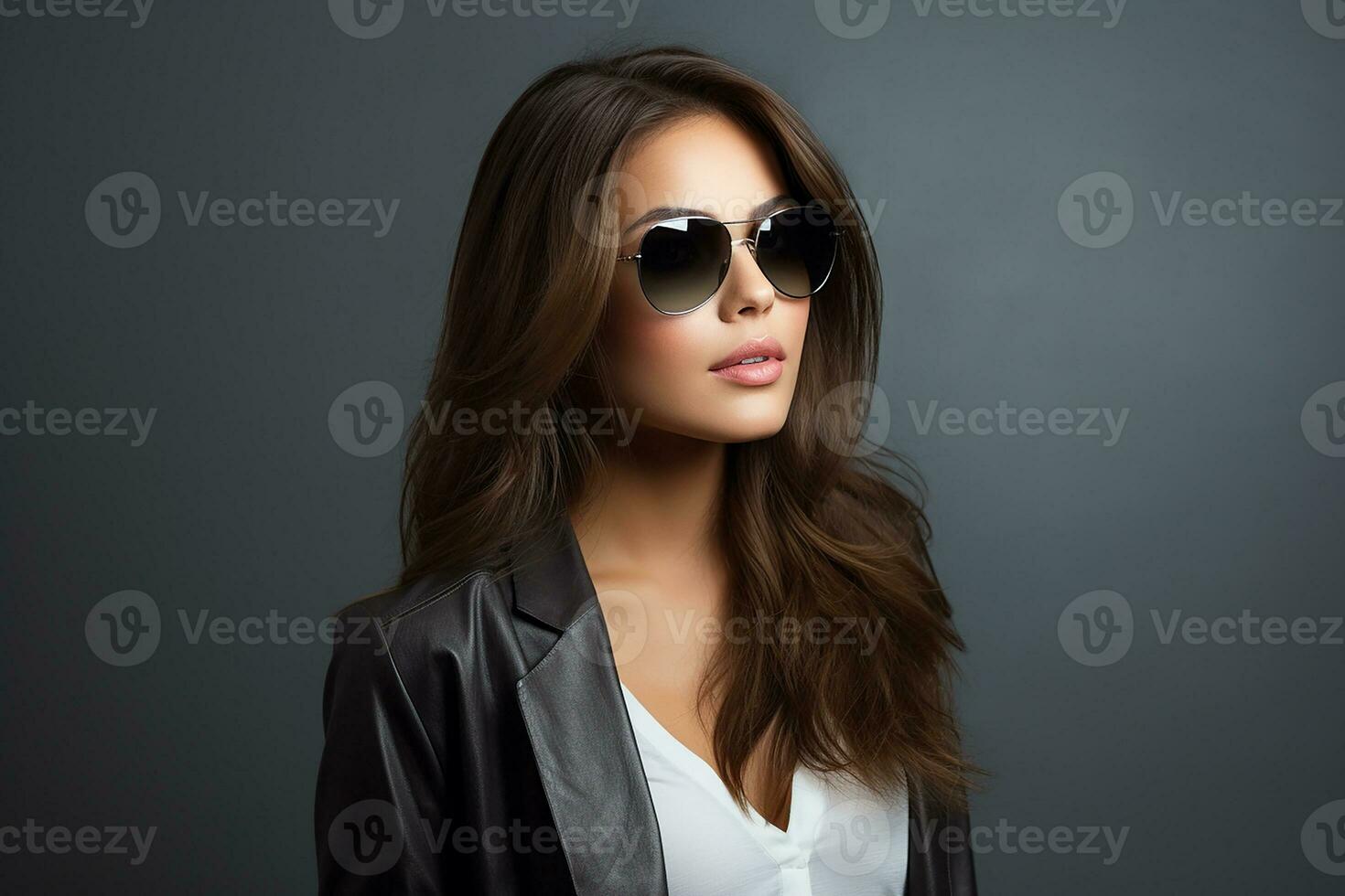 Ai generated Studio portrait of a beautiful young brunette woman in sunglasses photo