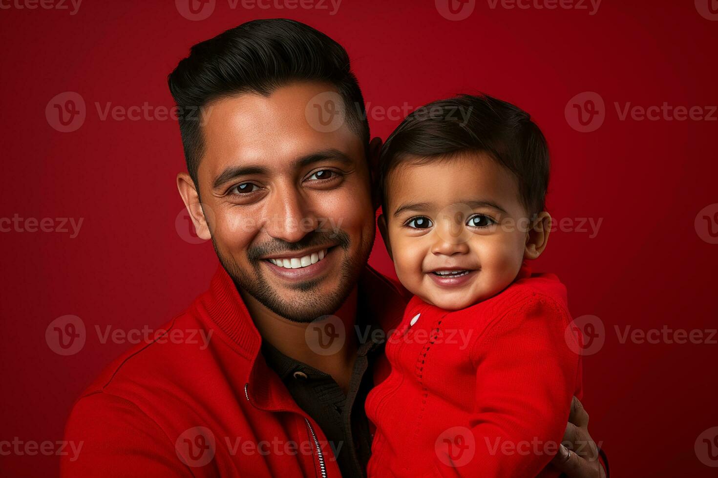 Ai generated studio portrait of handsome man holding infant baby in his hands on different colour background photo