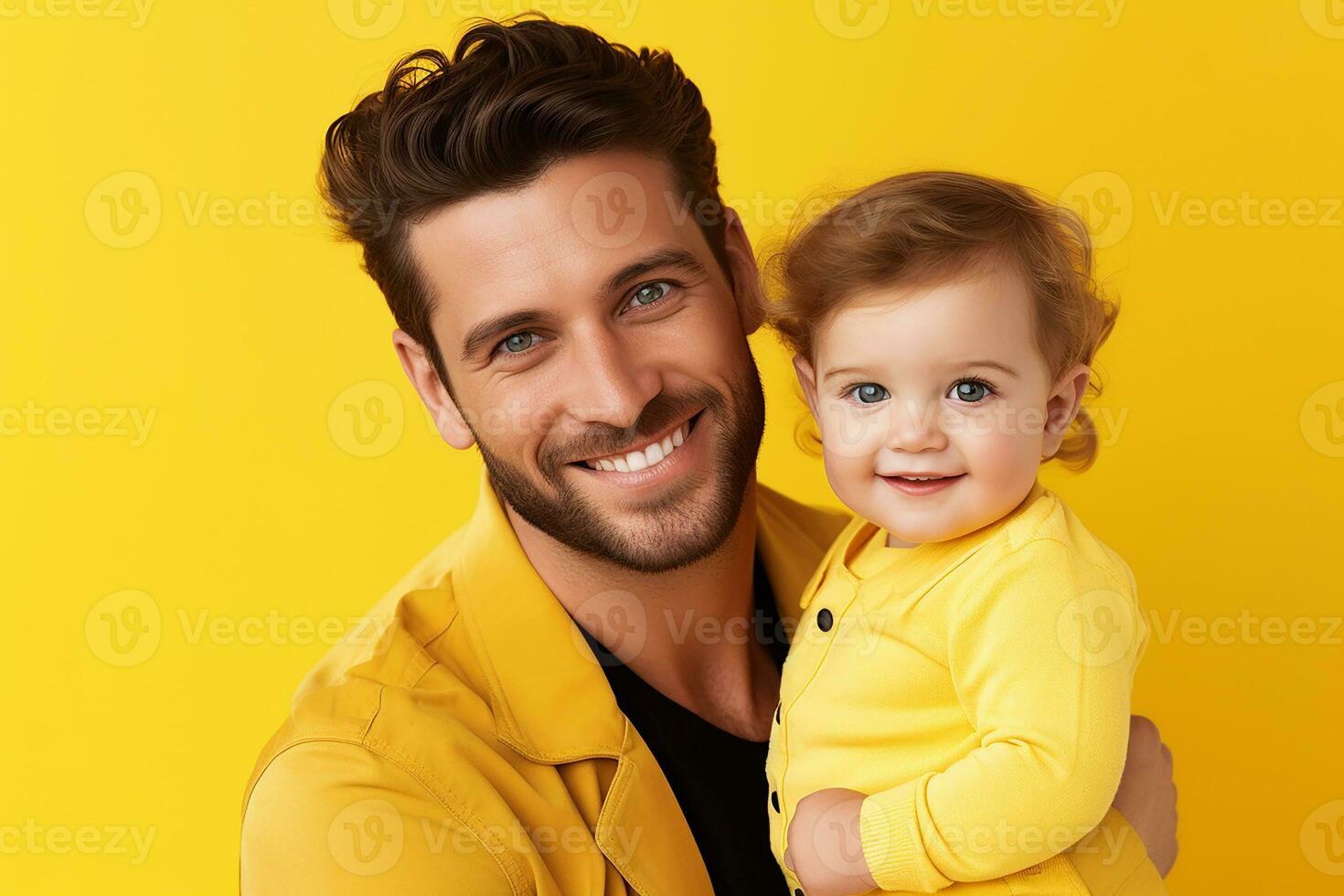 Ai generated studio portrait of handsome man holding infant baby in his hands on different colour background photo