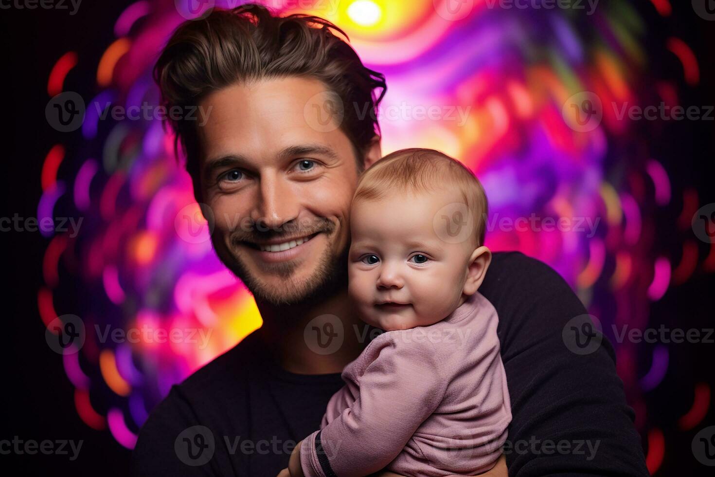 Ai generated studio portrait of handsome man holding infant baby in his hands on different colour background photo