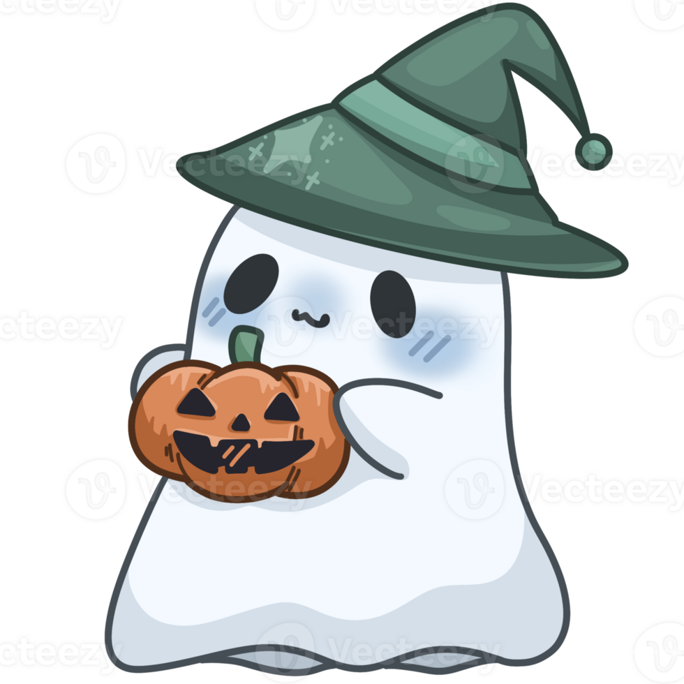 cute Halloween ghost with pumpkin wear green witch hat png