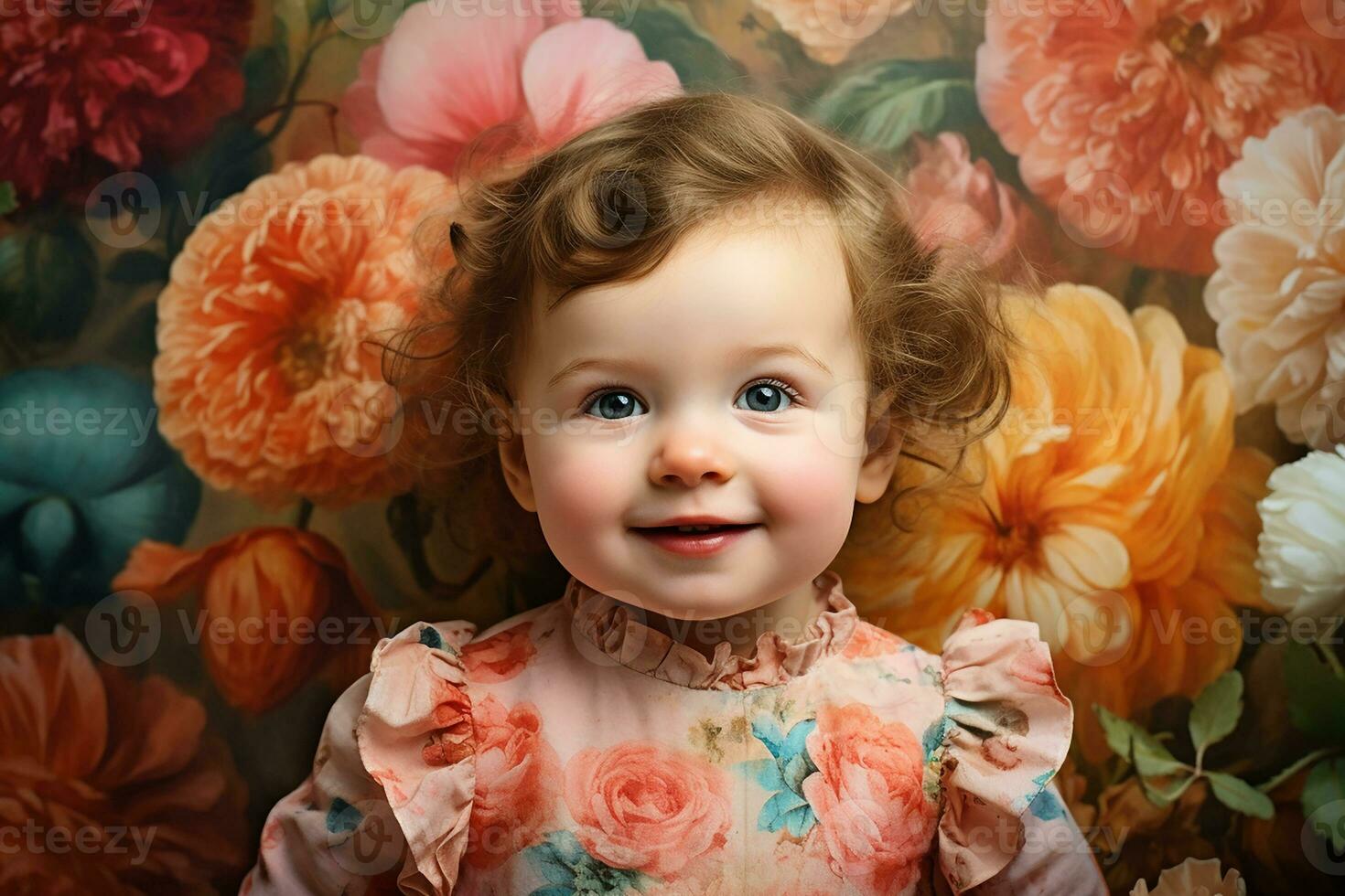 Ai generated studio portrait of cute little baby kid of different nationalities on different colors background photo