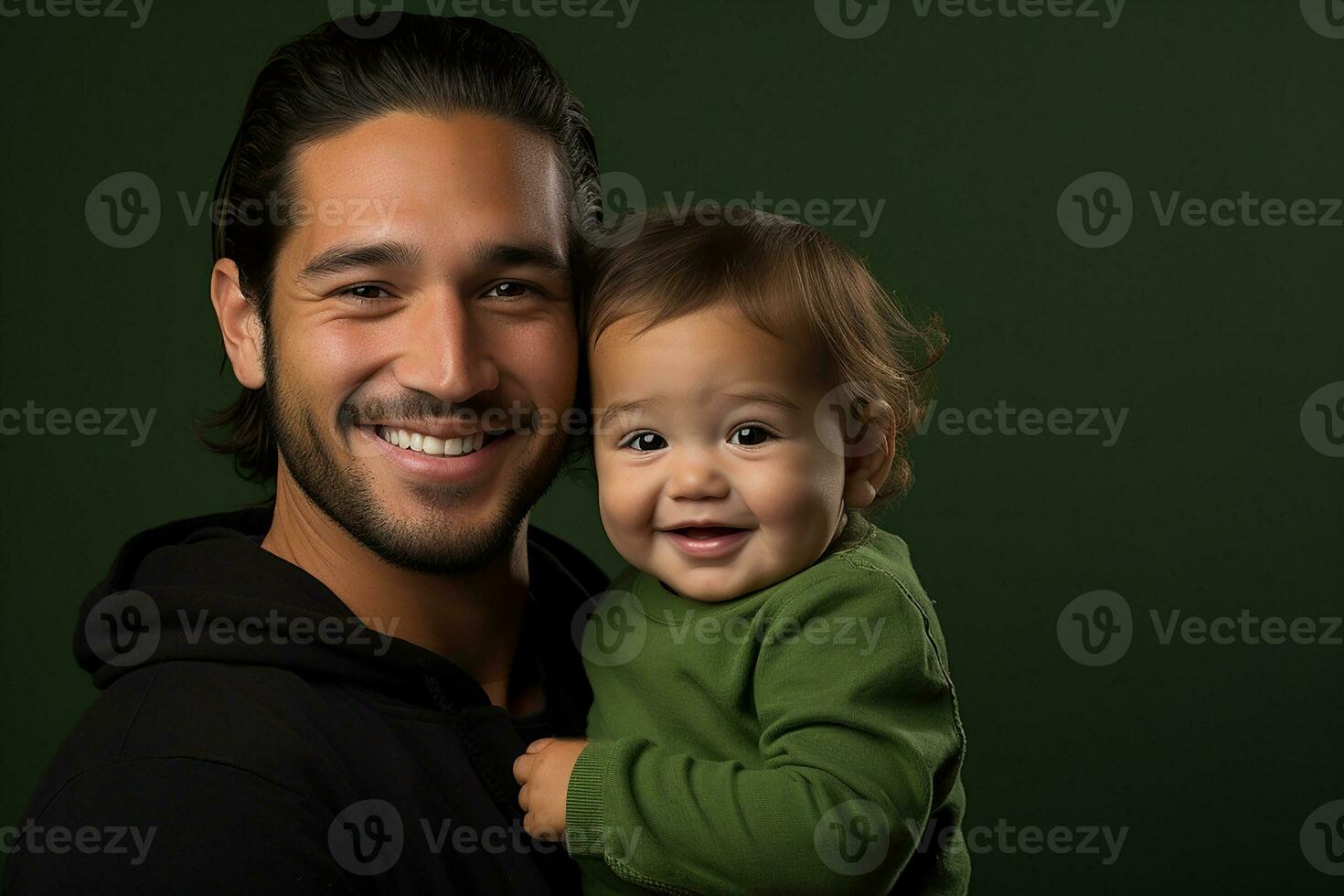 Ai generated studio portrait of handsome man holding infant baby in his hands on different colour background photo