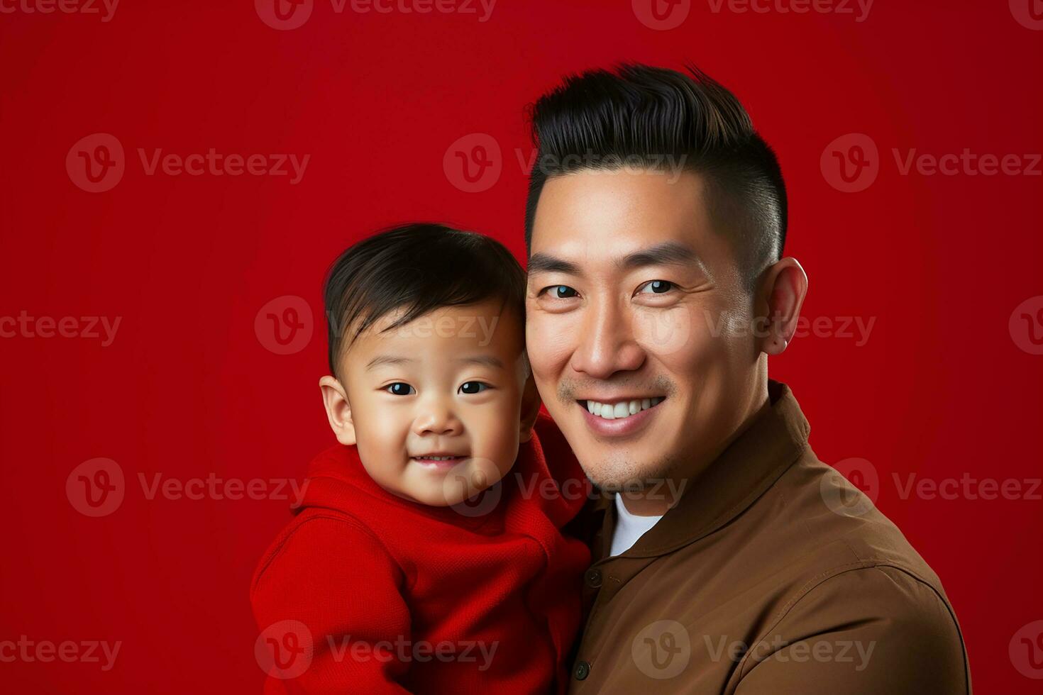 Ai generated studio portrait of handsome man holding infant baby in his hands on different colour background photo