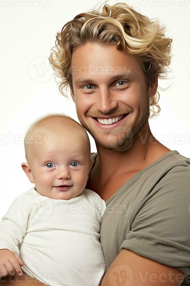 Ai generated studio portrait of handsome man holding infant baby in his hands on different colour background photo