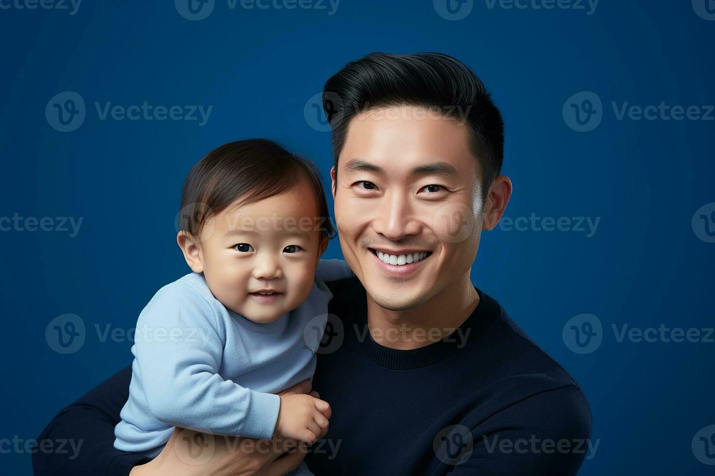 Ai generated studio portrait of handsome man holding infant baby in his hands on different colour background photo