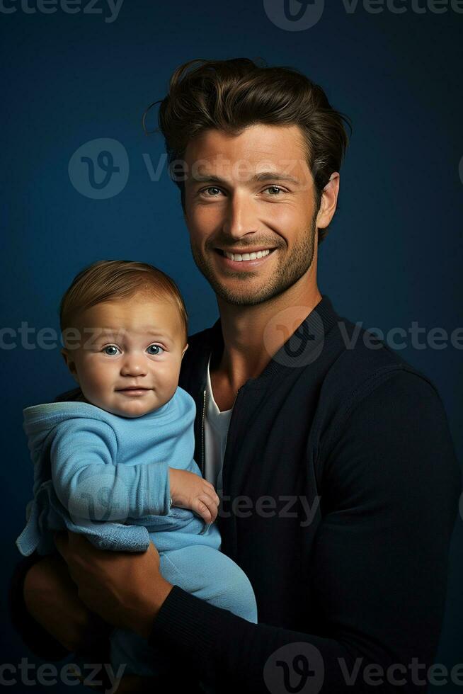 ai generado estudio retrato de hermoso hombre participación infantil bebé en su manos en diferente color antecedentes foto