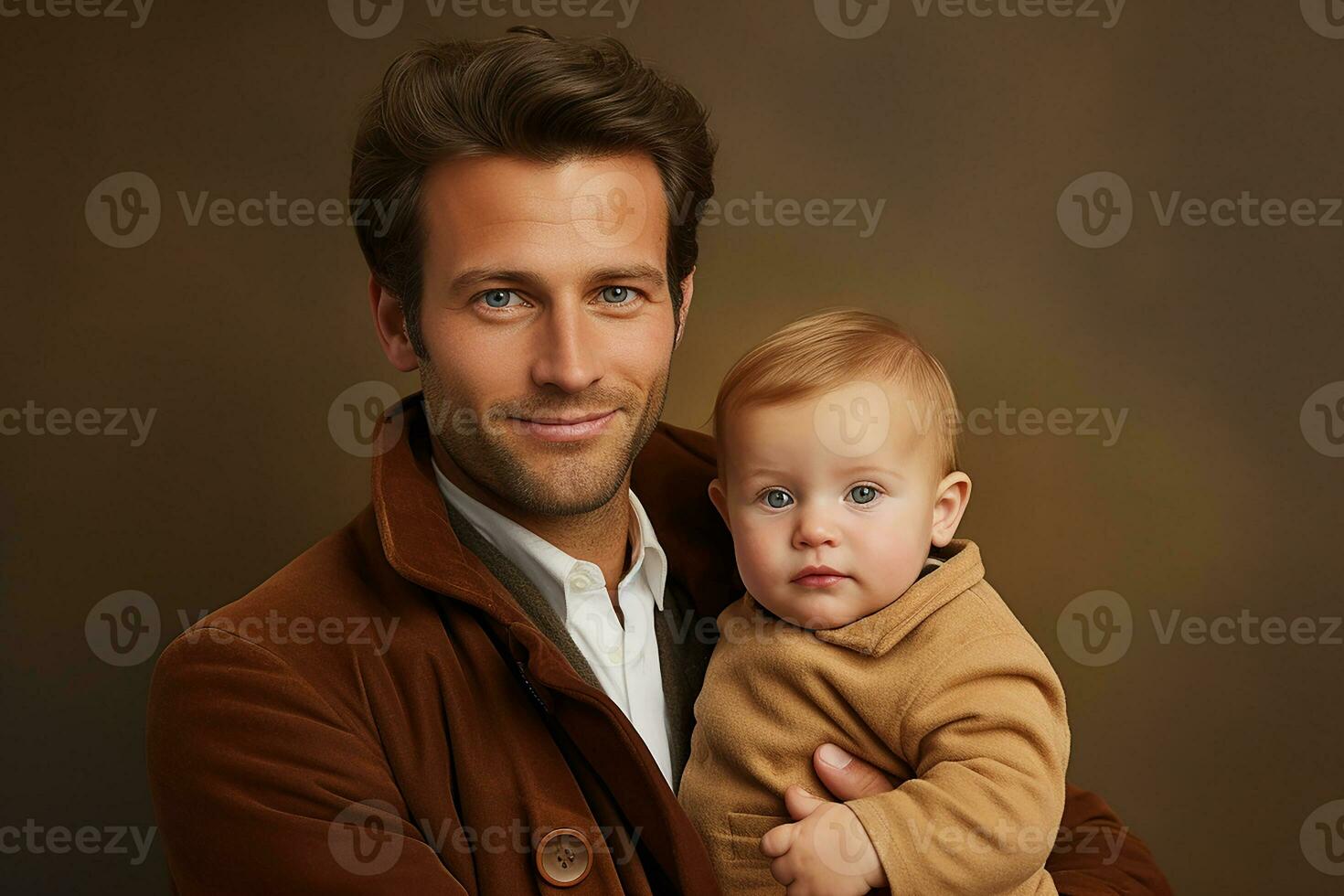 Ai generated studio portrait of handsome man holding infant baby in his hands on different colour background photo