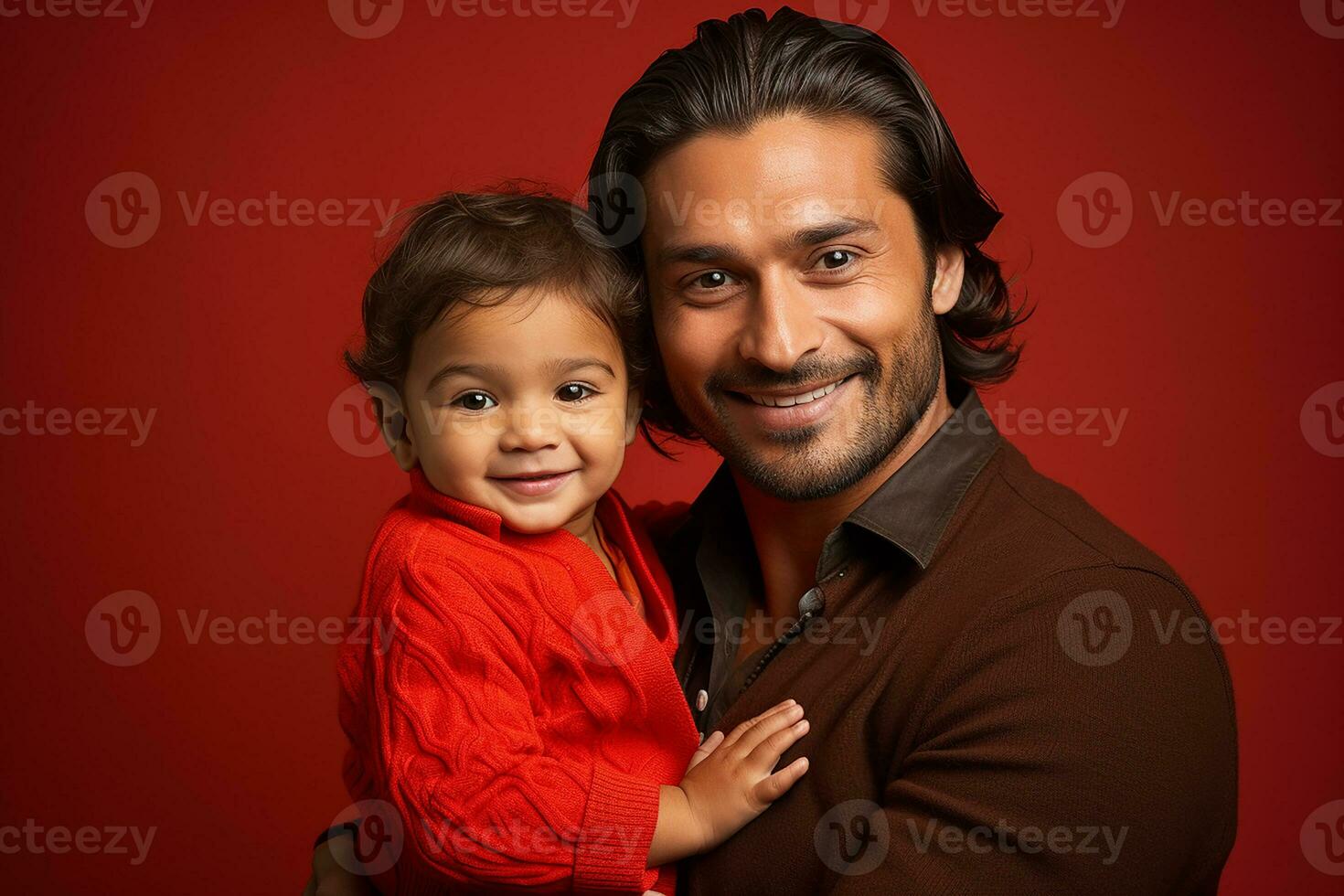 Ai generated studio portrait of handsome man holding infant baby in his hands on different colour background photo