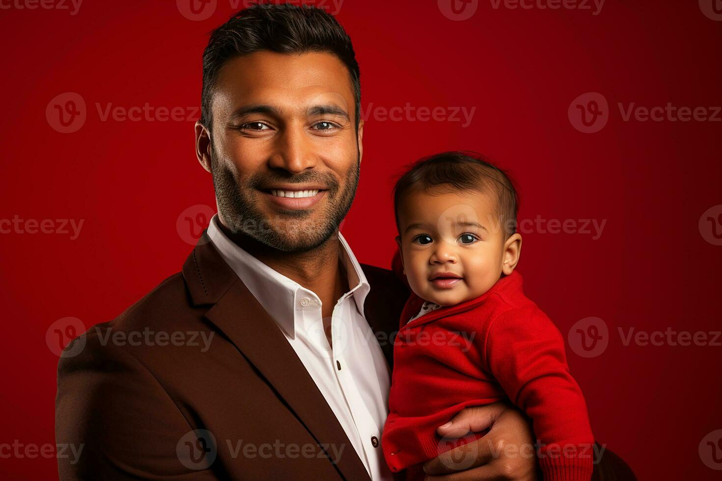 Ai generated studio portrait of handsome man holding infant baby in his hands on different colour background photo