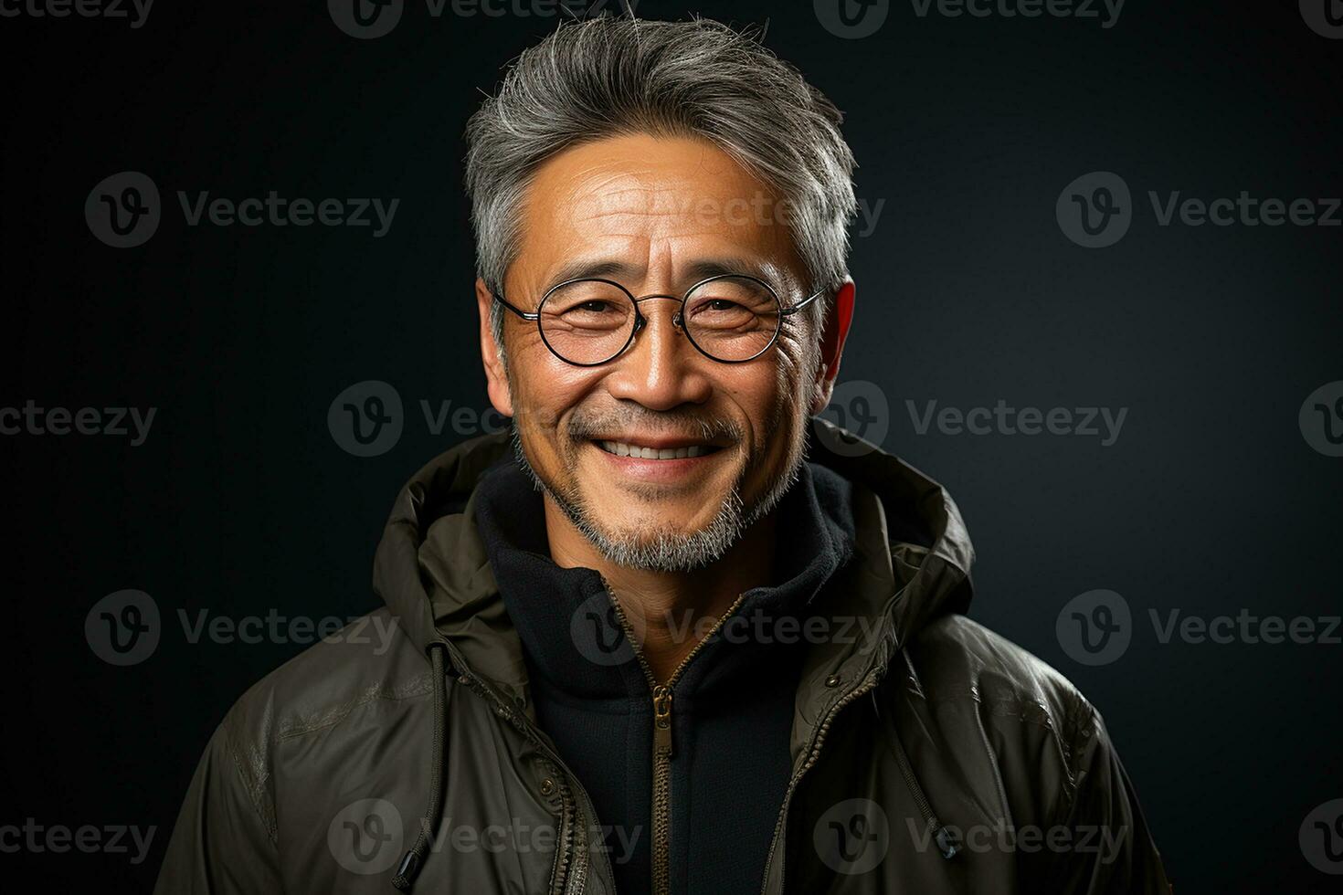 ai generado estudio retrato de hermoso medio años asiático hombre en pie en diferente colores antecedentes foto