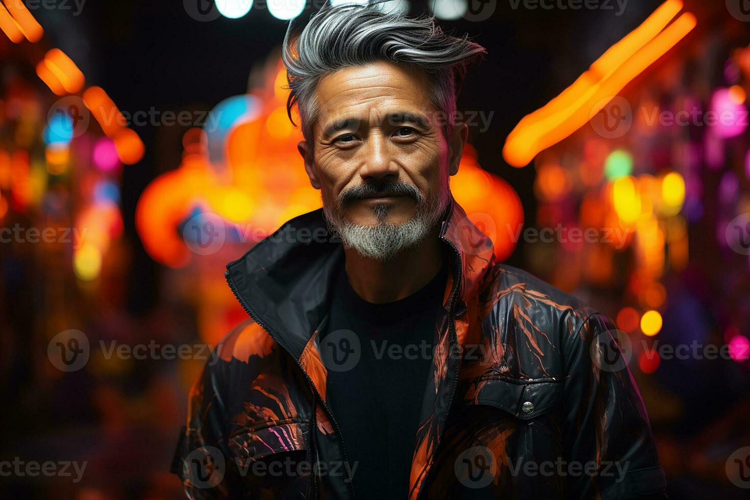 Ai generated studio portrait of handsome middle age asian man standing on different colours background photo