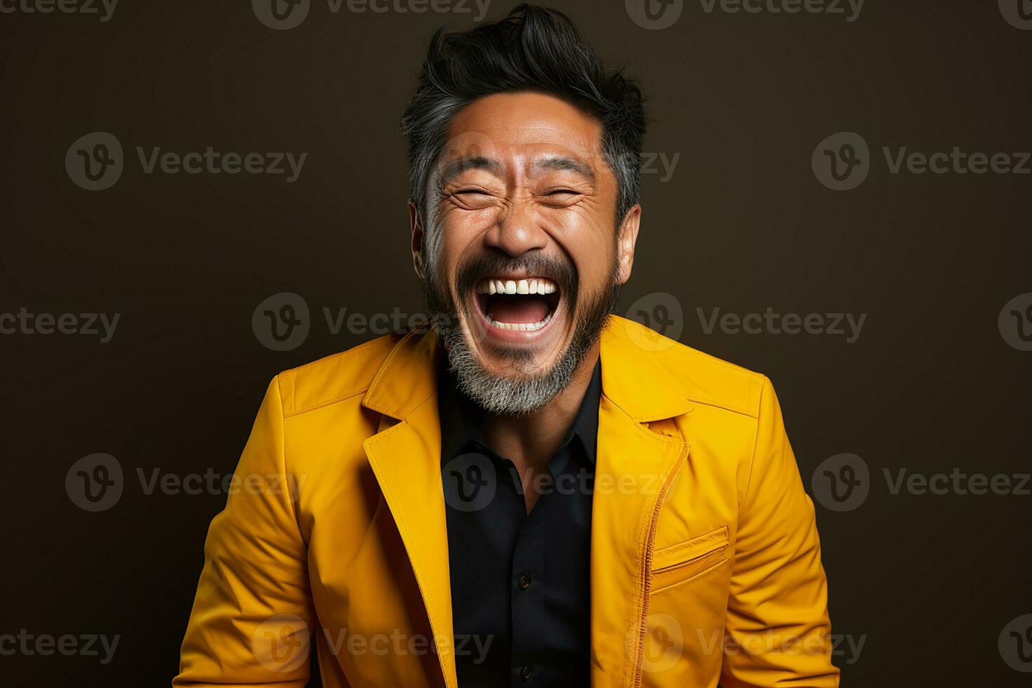 Ai generated studio portrait of handsome middle age asian man standing on different colours background photo