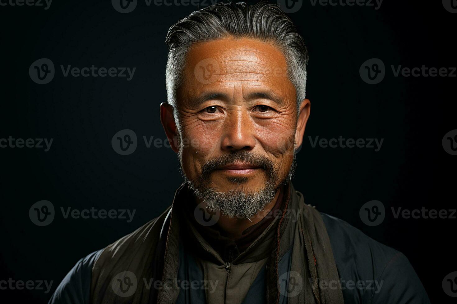 Ai generated studio portrait of handsome middle age asian man standing on different colours background photo