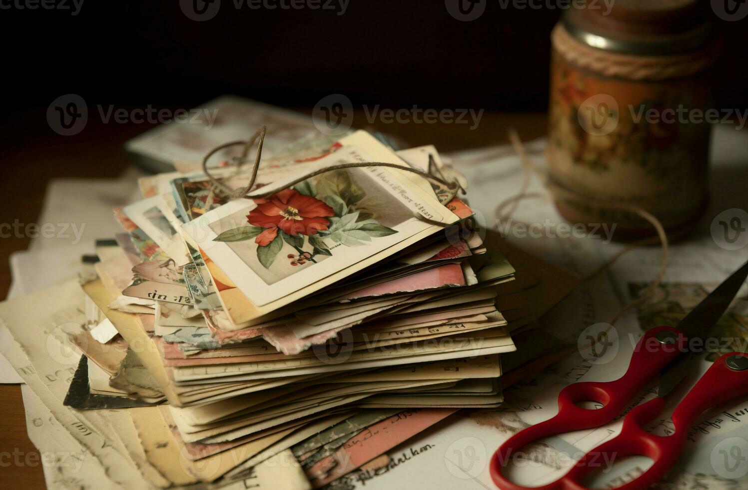 Old retro cards stack on wooden table. Generate Ai photo