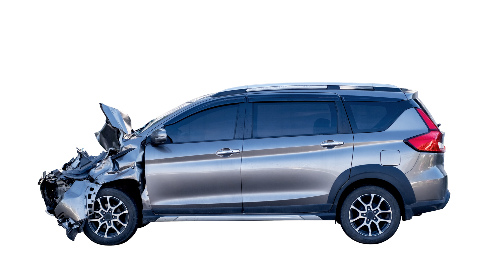 Side of new bronze car get damaged by accident on the road. damaged