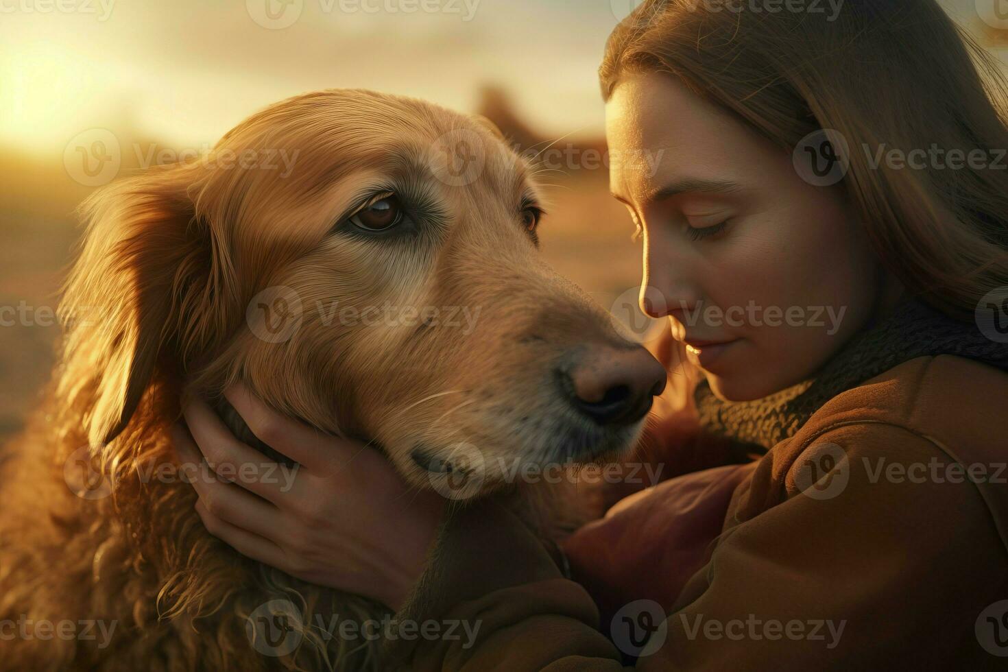 Lovely portrait of woman hugging golden Retriever dog. Generate ai photo