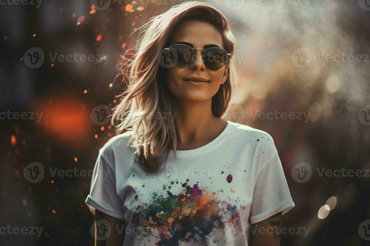 sonriente mujer posando fuera de en de moda camiseta y Gafas de sol. generar ai foto