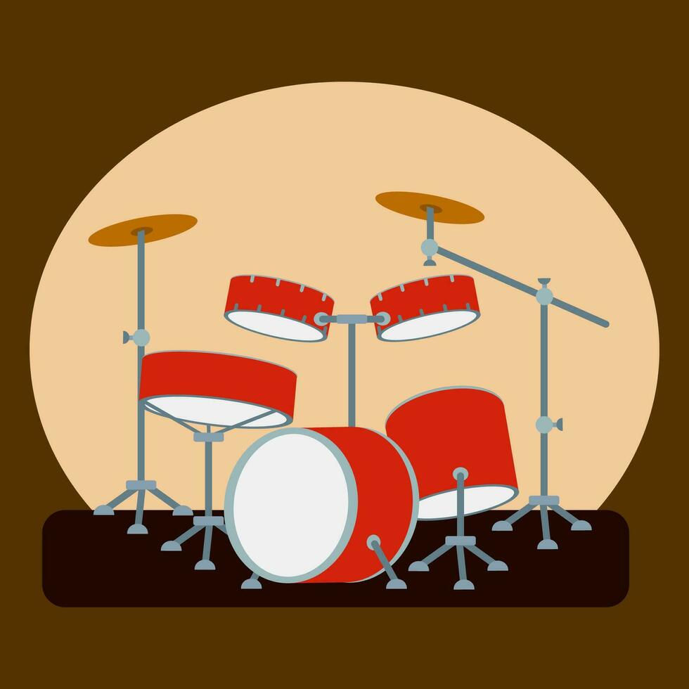 Drum kit on a Stage. Drums, Musical instruments Set in Flat Cartoon style. Vector Percussion illustration. Graphic Design for T-Shirt, Studio Logo, Rock Band concert or Party Poster, Banner, Flyer