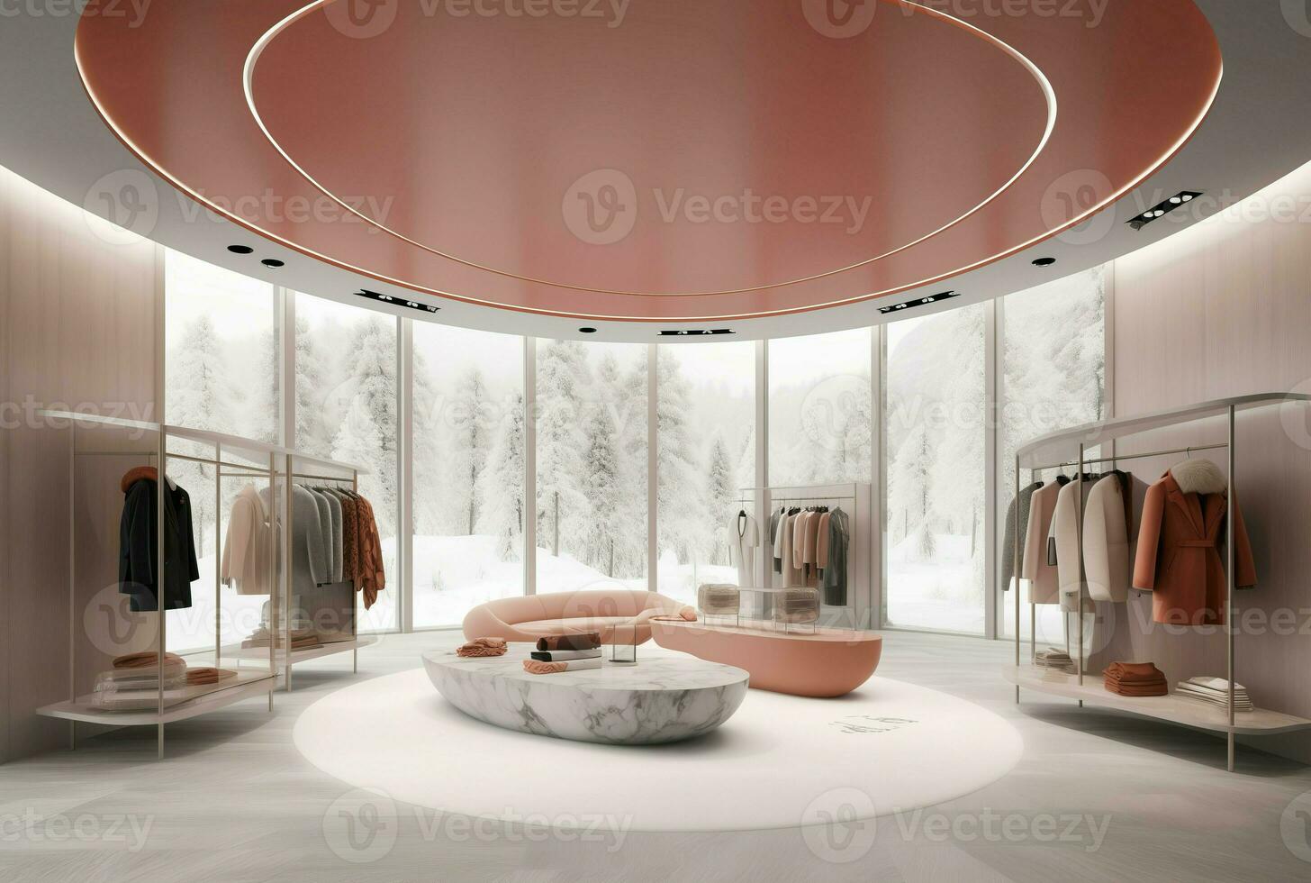 Modern interior design pastel colored clothing store with winter nature. Generate ai photo