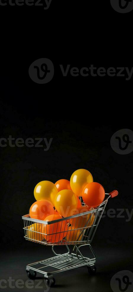 Supermarket cart yellow orange balloons banner. Generate Ai photo