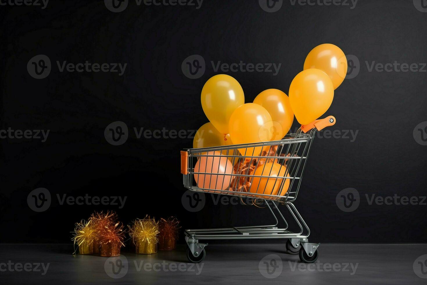 Supermarket cart yellow orange balloons market. Generate Ai photo