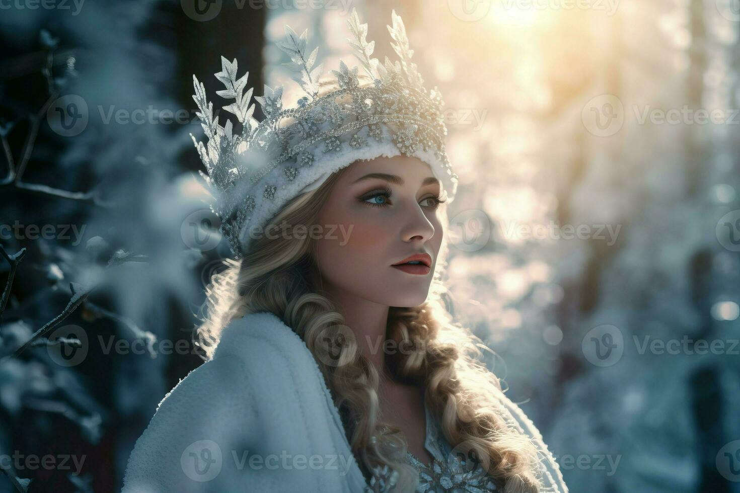 Snow queen winter forest portrait. Generate Ai photo