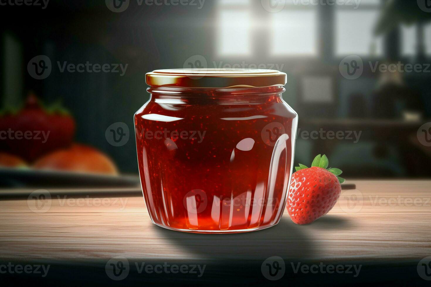 Strawberry jam glass jar on wooden table. Generate Ai photo