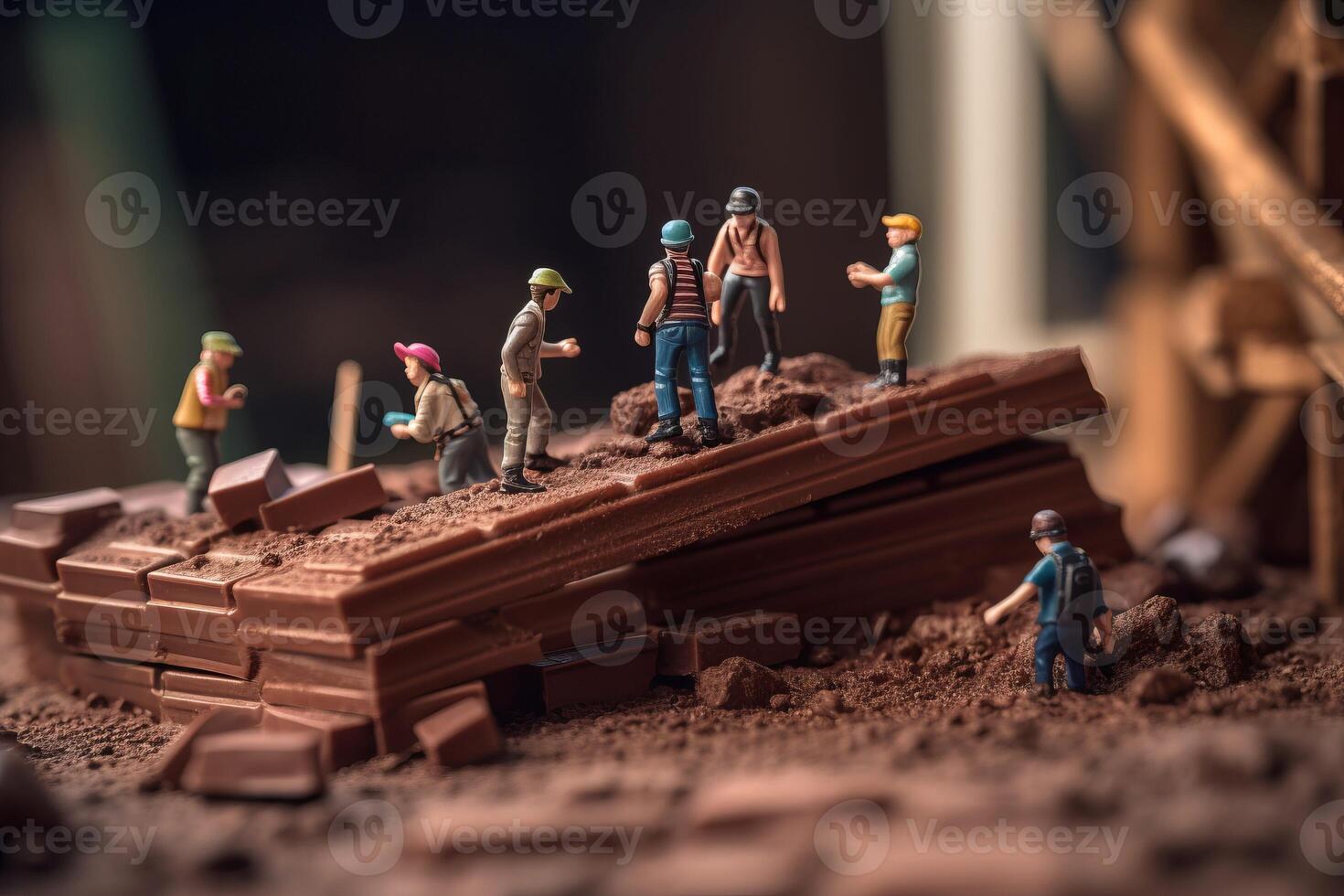 Miniature builders on chocolate bar. Generate Ai photo