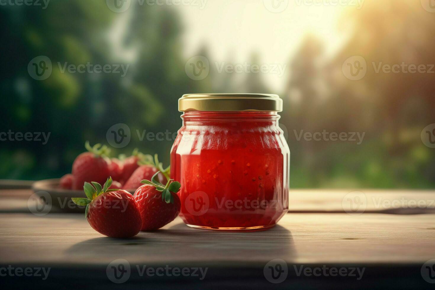 fresa mermelada vaso tarro a al aire libre mesa. generar ai foto