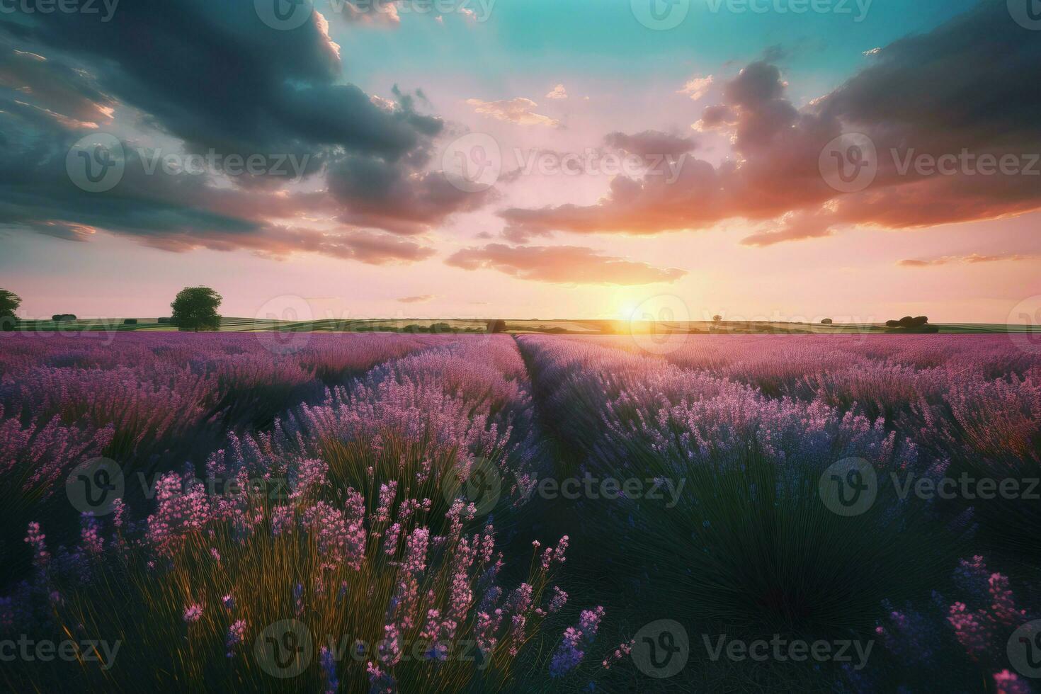 Sunset over lavender field scenery. Generate Ai photo
